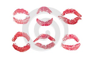 Lipstick kisses set, Red love kiss icons. Woman mouth isolated on white paper. Pink Signet mark. Sexy glossy lip makeup