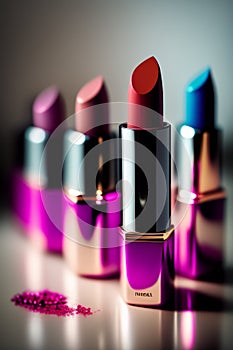 Lipstick lineup in colors: red, pink, lilac and blue.
