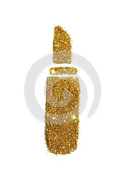 Lipstick or lip balm of golden glitter sparkle on white background.