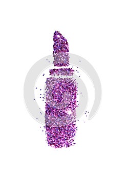 Lipstick or lip balm of purple glitter sparkle on white background