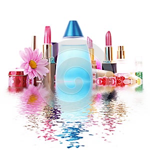 Lipstick and perfume with water