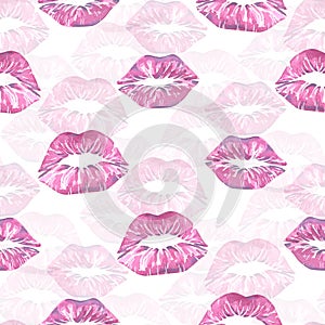 Lipstick prints in the form of kisses in pink on a white background. Watercolor illustration. Seamless pattern from