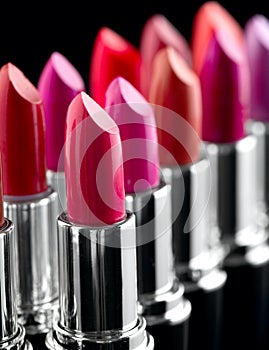 Lipstick. Professional makeup and beauty. Lipstick tints palette closeup. Colorful lipsticks over black