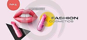 Lipstick promo poster with 3d illustration of female lips and lipstick tubes on graphic geometric backdrop, modern ard