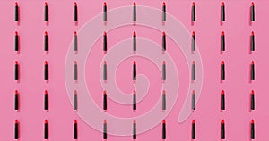 Lipstick seamless pattern: a linear hand-drawn simple sketch of red lipstick and lips on pink. Line art ornament for textile,