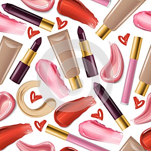 Lipstick seamless pattern vector beautiful red color fashion pink lipgloss lip makeup illustration backdrop of shiny