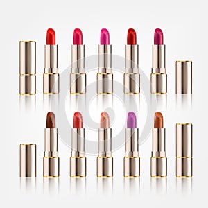 Lipstick set with different colors in packaging design cosmetics mock-up realistic style on white background