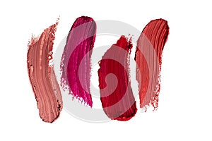 Lipstick smear smudge swatch isolated on white background. Colorfull red lipstick texture