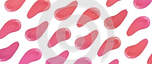 Lipstick smears pattern. Liquid lip stick smudges. Pink red coral makeup product swatches isolated on white background