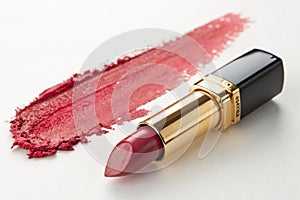 A lipstick with a smudge swiped next to it, emphasizing the pigment, isolated on white background photo