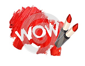 Lipstick smudged on white background with WOW