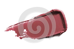 Lipstick swatch smear smudge isolated on white background.  Nude  plum color creme lip stick texture. Creamy makeup stroke