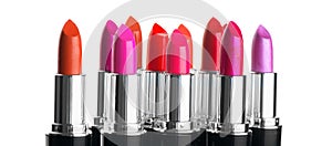 Lipstick tints palette. Fashion colorful lipsticks over white background. Professional makeup