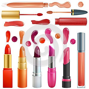 Lipstick vector beautiful red color fashion pink lipgloss lip makeup illustration set of shiny liquid female cosmetic