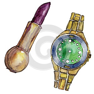 Lipstick and watch sketch illustration in a watercolor style isolated element. Watercolour fashion background set.