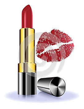 Lipstick on white background with red lips