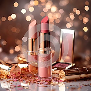 Lipsticks and makeup products on a white table on gold blurred background, close up, AI