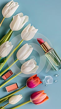 lipsticks of various colors, white tulips and a bottle of perfume on a blue background. Vertical photos