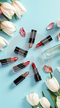 lipsticks of various colors, white tulips and a bottle of perfume on a blue background. Vertical photos