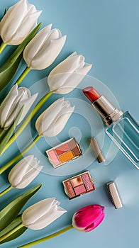 lipsticks of various colors, white tulips and a bottle of perfume on a blue background. Vertical photos