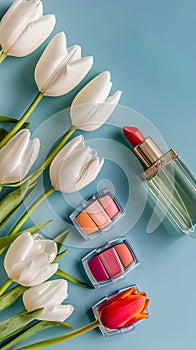 lipsticks of various colors, white tulips and a bottle of perfume on a blue background. Vertical photos