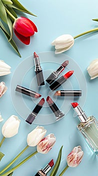 lipsticks of various colors, white tulips and a bottle of perfume on a blue background. Vertical photos