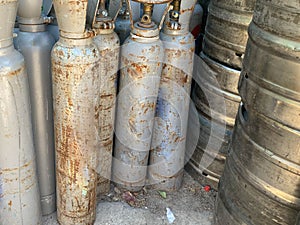 Liquefied hazardous gas cylinders at the factory warehouse. Factory LPG cylinders