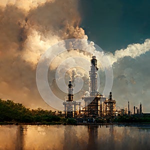 Liquefied natural gas plant. Territory of the LNG factory. Landscape of oil refinery industrial area on cloudy sky background