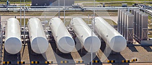 Liquefied natural gas storage tanks.