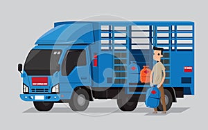 Liquefied petroleum gas cylinders delivery lorry and deliveryman photo