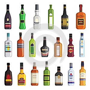 Liqueur, whiskey, vodka and other bottles of alcoholic drinks. Vector pictures in flat style