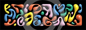 Liquid 3D abstract organic blob shapes. Wavy elements bubbles and drops in trendy y2k style.