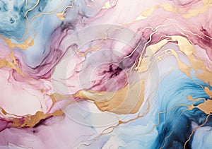 Liquid abstract marble painting background print with rose gold glitter splatter texture
