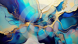 Liquid Abstrct Blue and Gold Alcohol Ink Painting Background AI Generative