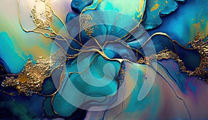 Liquid Abstrct Blue and Gold Alcohol Ink Painting Background AI Generative