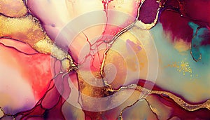 Liquid Abstrct Red and Gold Alcohol Ink Painting Background AI Generative