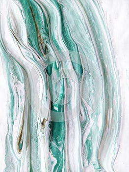 liquid acrylic, oil paint on canvas. Mix of white and green color. Fluid paintings. Stone agate jadeite texture