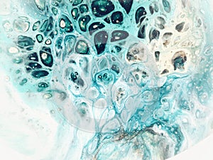 Liquid acrylic painting, babbles, wave, foam, sea, water, underwater. Blue, turquoise, white wallpaper, background