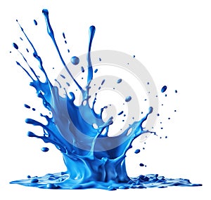 Liquid blue paint making big splash and drops isolated