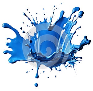 Liquid blue paint making big splash and drops isolated