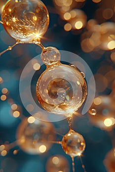 Liquid bubble, a molecule inside a liquid bubble against a background of splashing water DNA