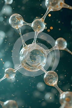 Liquid bubble, a molecule inside a liquid bubble against a background of splashing water DNA