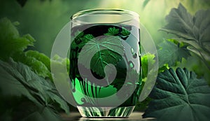 liquid chlorophyll in a glass of water, on the background of plants. Generative AI,