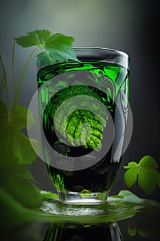 liquid chlorophyll in a glass of water, on the background of plants. Generative AI,