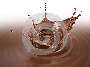 Liquid chocolate crown splash with ripples. On white