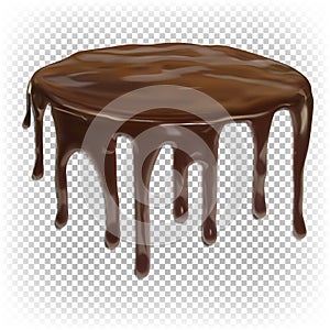 Liquid chocolate flowing down on the surface of a round cake, pie, dessert. Vector 3d realistic illustration