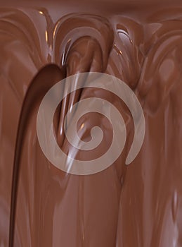 Liquid chocolate flows down. A wavy abstraction depicting a flowing chocolate stream. Brown background