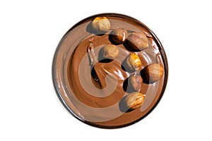 Liquid chocolate, hazelnut isolated on white background