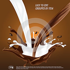 Liquid chocolate and milk flow and spash mixed, 3d vector illustration.