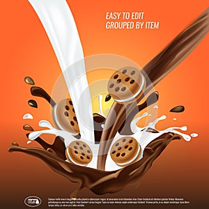 Liquid chocolate and milk flow and spash mixed, sandwich cookies, 3d vector illustration.